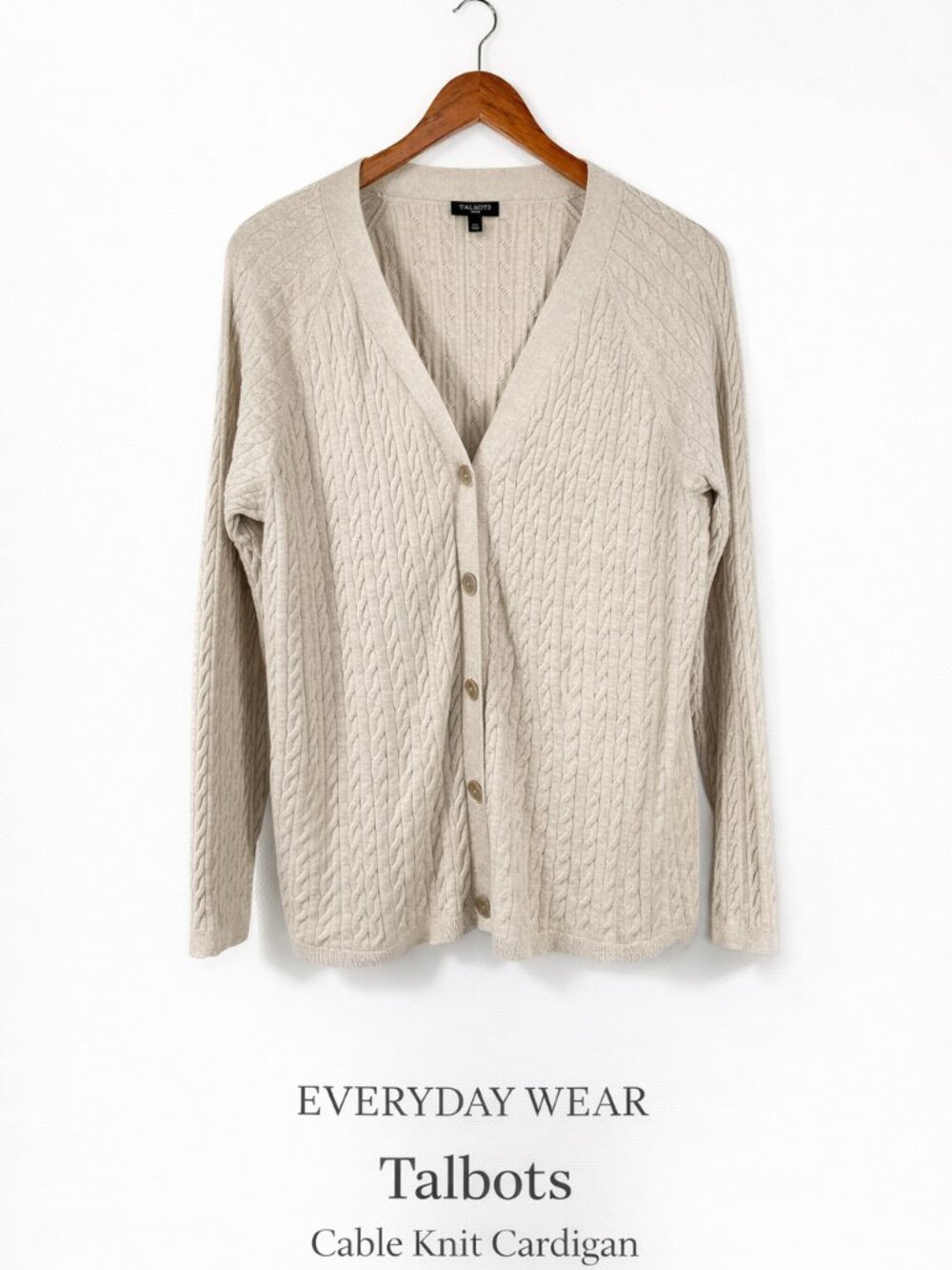 Talbots Cable Knit Cardigan Cotton Beige Button Front Preppy 2X